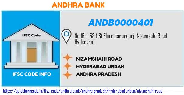 Andhra Bank Nizamshahi Road ANDB0000401 IFSC Code