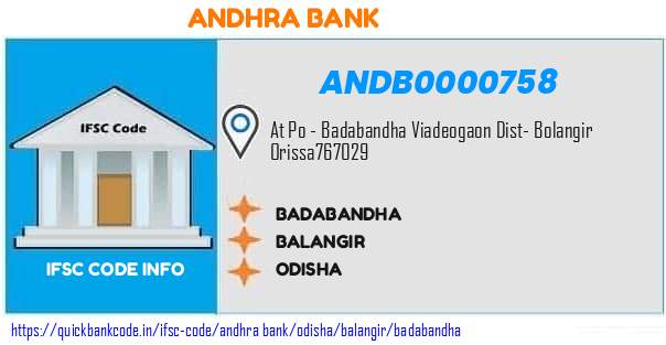 Andhra Bank Badabandha ANDB0000758 IFSC Code