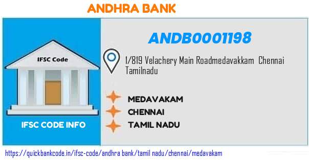 Andhra Bank Medavakam ANDB0001198 IFSC Code