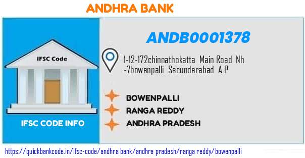 Andhra Bank Bowenpalli ANDB0001378 IFSC Code