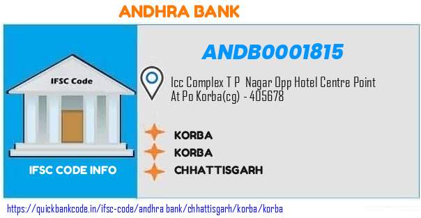 Andhra Bank Korba ANDB0001815 IFSC Code