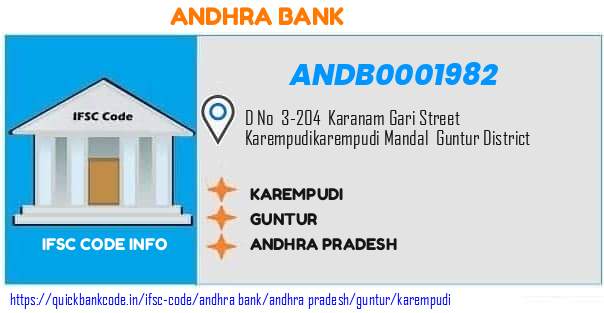 Andhra Bank Karempudi ANDB0001982 IFSC Code