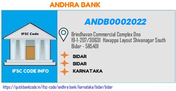 Andhra Bank Bidar ANDB0002022 IFSC Code