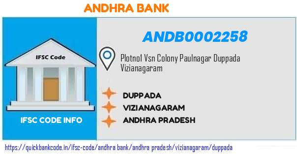 Andhra Bank Duppada ANDB0002258 IFSC Code