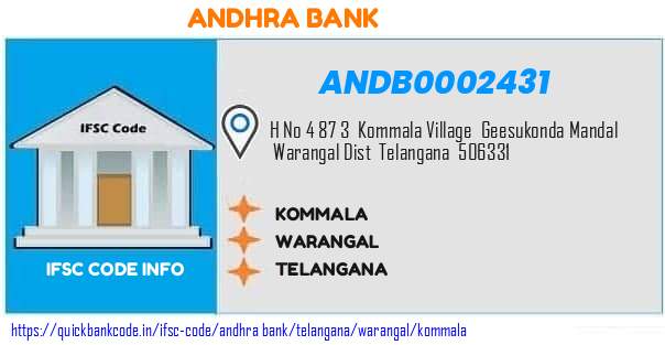 Andhra Bank Kommala ANDB0002431 IFSC Code