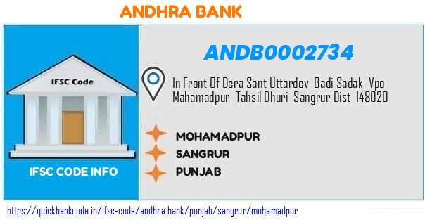 Andhra Bank Mohamadpur ANDB0002734 IFSC Code