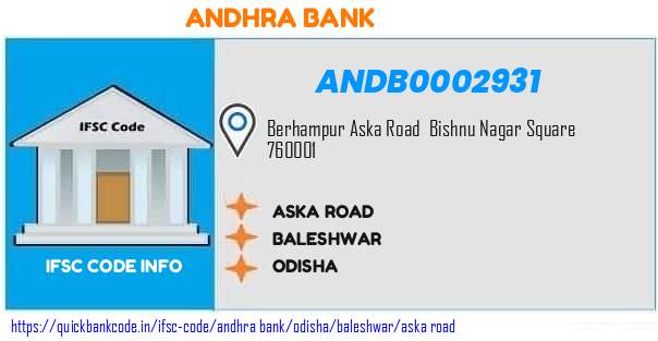 Andhra Bank Aska Road ANDB0002931 IFSC Code