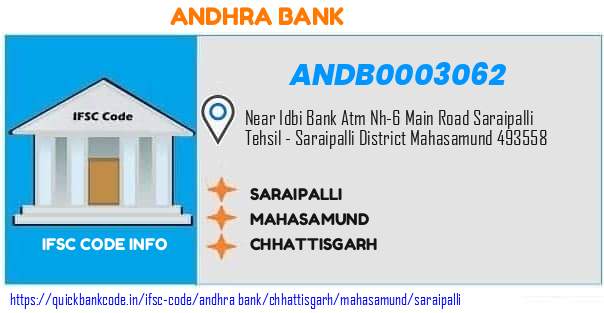 Andhra Bank Saraipalli ANDB0003062 IFSC Code