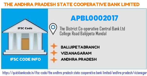 The Andhra Pradesh State Cooperative Bank Balijipetabranch APBL0002017 IFSC Code