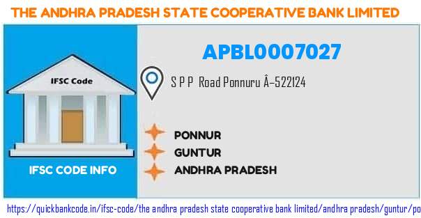 The Andhra Pradesh State Cooperative Bank Ponnur APBL0007027 IFSC Code
