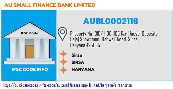 Au Small Finance Bank Sirsa AUBL0002116 IFSC Code