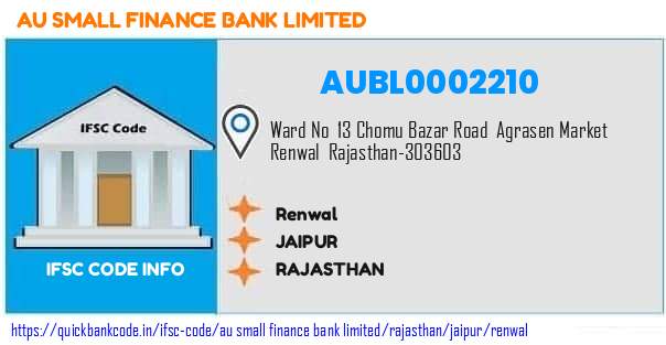 Au Small Finance Bank Renwal AUBL0002210 IFSC Code