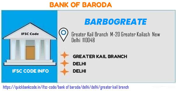 Bank of Baroda Greater Kail Branch BARB0GREATE IFSC Code