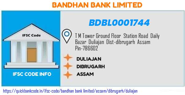 Bandhan Bank Duliajan BDBL0001744 IFSC Code