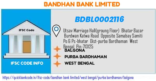 Bandhan Bank Balgona BDBL0002116 IFSC Code