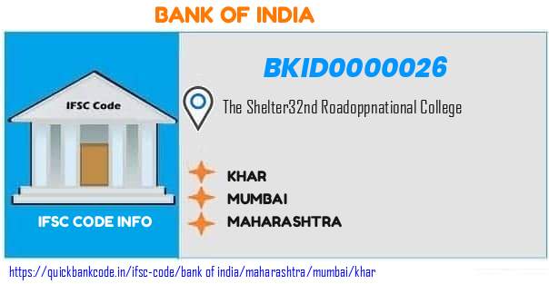 Bank of India Khar BKID0000026 IFSC Code