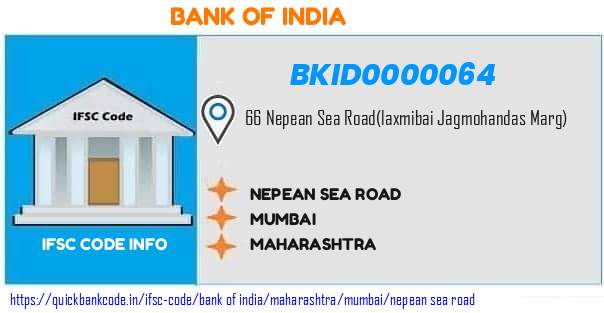 Bank of India Nepean Sea Road BKID0000064 IFSC Code