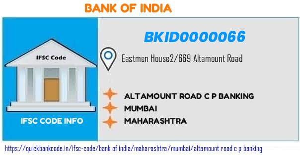 Bank of India Altamount Road C P Banking BKID0000066 IFSC Code