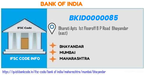 Bank of India Bhayandar BKID0000085 IFSC Code