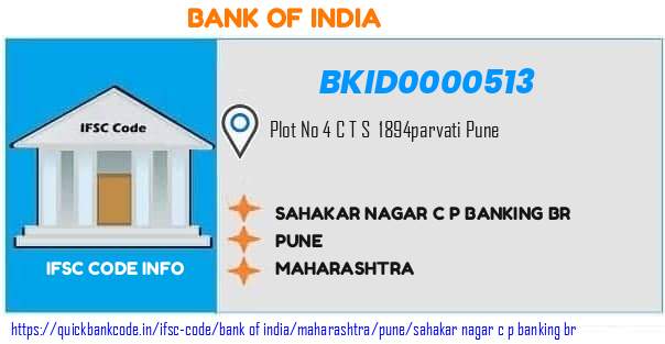 Bank of India Sahakar Nagar C P Banking Br  BKID0000513 IFSC Code