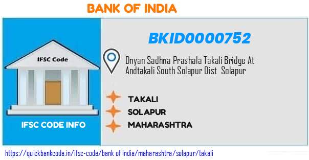 Bank of India Takali BKID0000752 IFSC Code