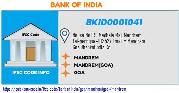 Bank of India Mandrem BKID0001041 IFSC Code