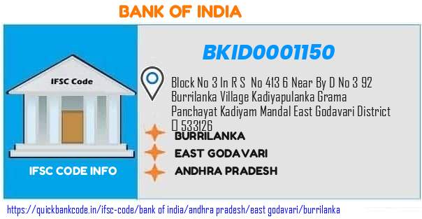 Bank of India Burrilanka BKID0001150 IFSC Code
