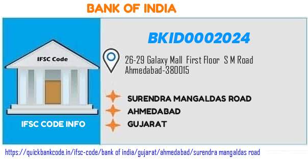 Bank of India Surendra Mangaldas Road BKID0002024 IFSC Code