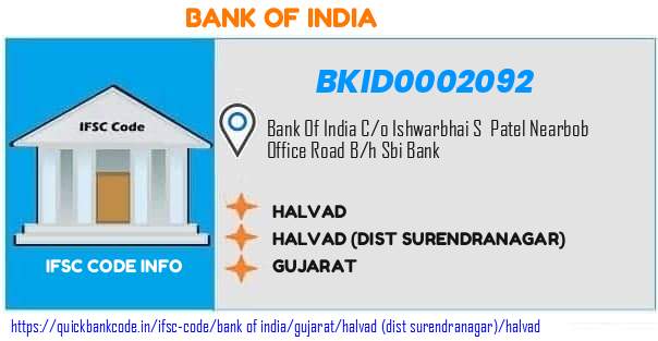 Bank of India Halvad BKID0002092 IFSC Code
