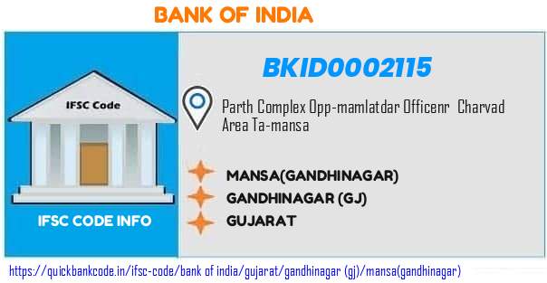 Bank of India Mansagandhinagar BKID0002115 IFSC Code