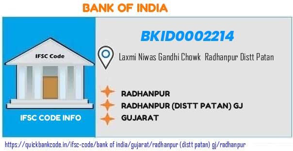Bank of India Radhanpur BKID0002214 IFSC Code