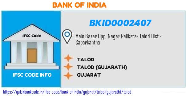 Bank of India Talod BKID0002407 IFSC Code