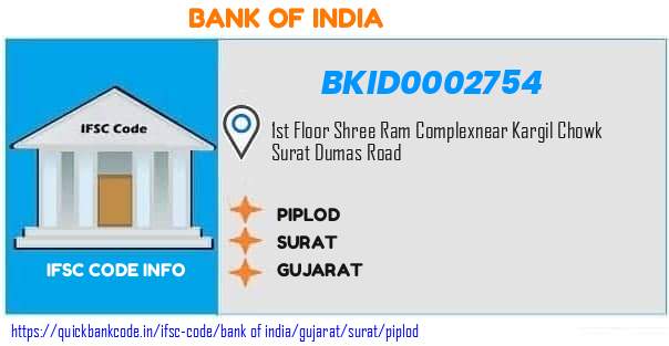 Bank of India Piplod BKID0002754 IFSC Code