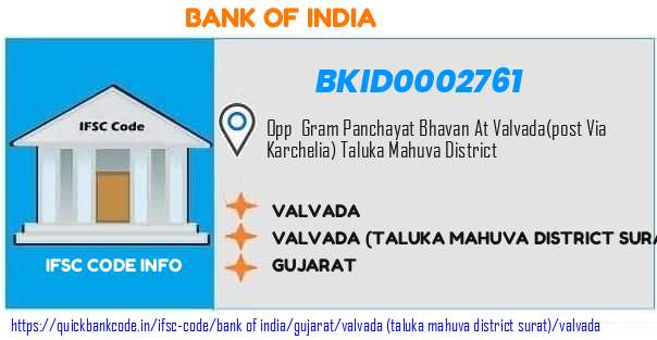 Bank of India Valvada BKID0002761 IFSC Code