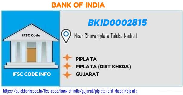 Bank of India Piplata BKID0002815 IFSC Code