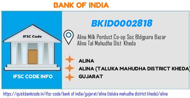 Bank of India Alina BKID0002818 IFSC Code