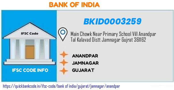 Bank of India Anandpar BKID0003259 IFSC Code