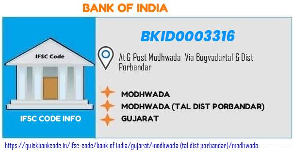 Bank of India Modhwada BKID0003316 IFSC Code