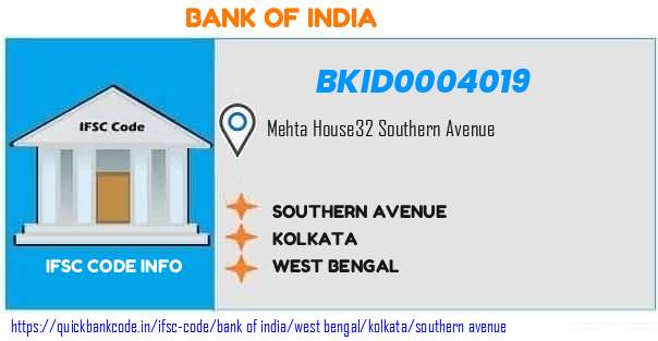Bank of India Southern Avenue BKID0004019 IFSC Code