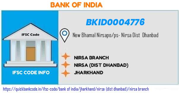 Bank of India Nirsa Branch BKID0004776 IFSC Code