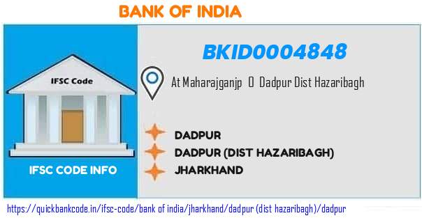 Bank of India Dadpur BKID0004848 IFSC Code