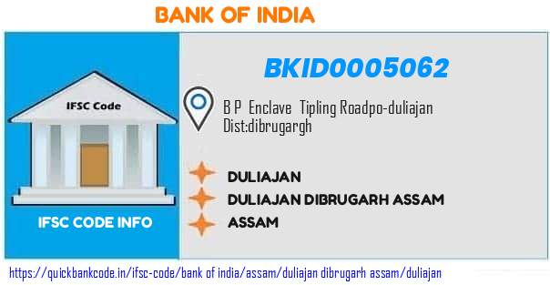Bank of India Duliajan BKID0005062 IFSC Code