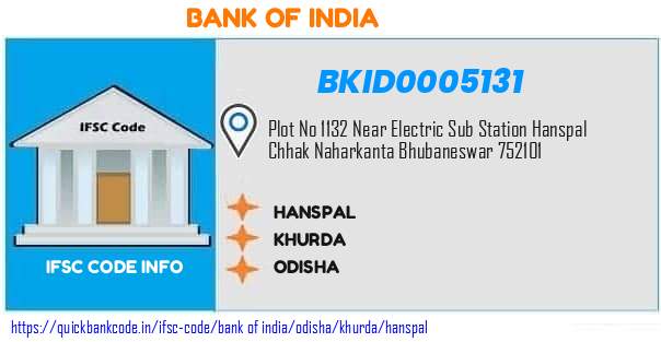 Bank of India Hanspal BKID0005131 IFSC Code