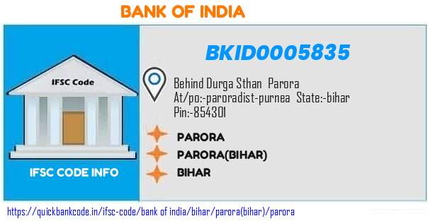 Bank of India Parora BKID0005835 IFSC Code