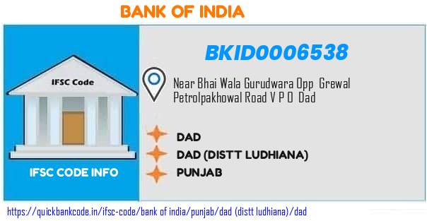 Bank of India Dad BKID0006538 IFSC Code