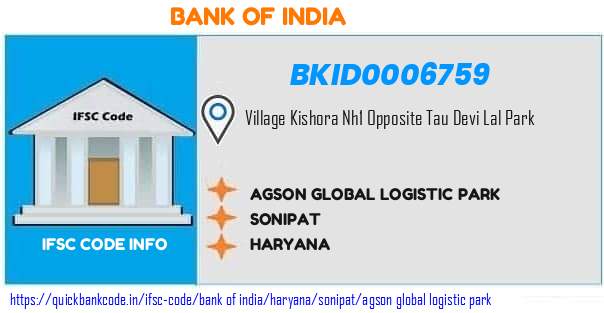 Bank of India Agson Global Logistic Park BKID0006759 IFSC Code