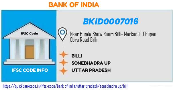 Bank of India Billi BKID0007016 IFSC Code