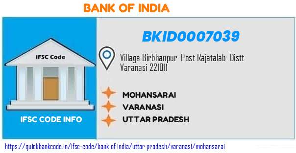 Bank of India Mohansarai BKID0007039 IFSC Code