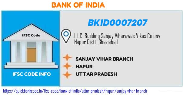 Bank of India Sanjay Vihar Branch BKID0007207 IFSC Code