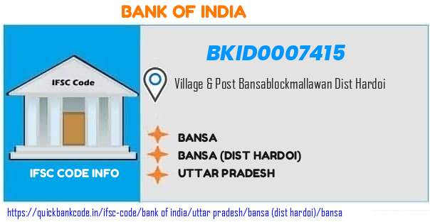 Bank of India Bansa BKID0007415 IFSC Code